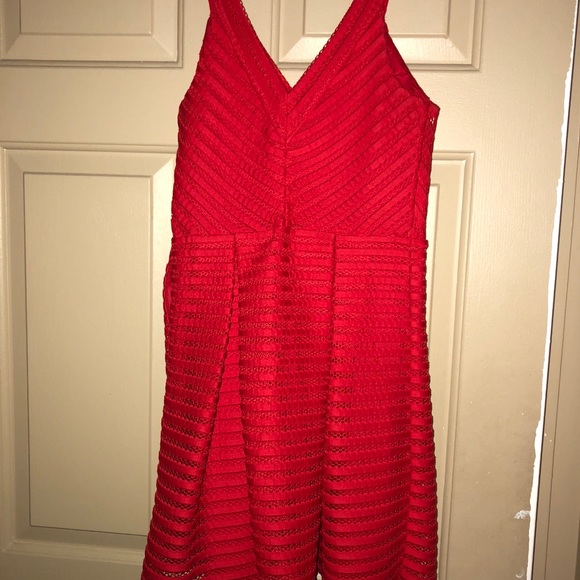 Express Red Mesh V-neck pleated fit & flare dress - Picture 5 of 5